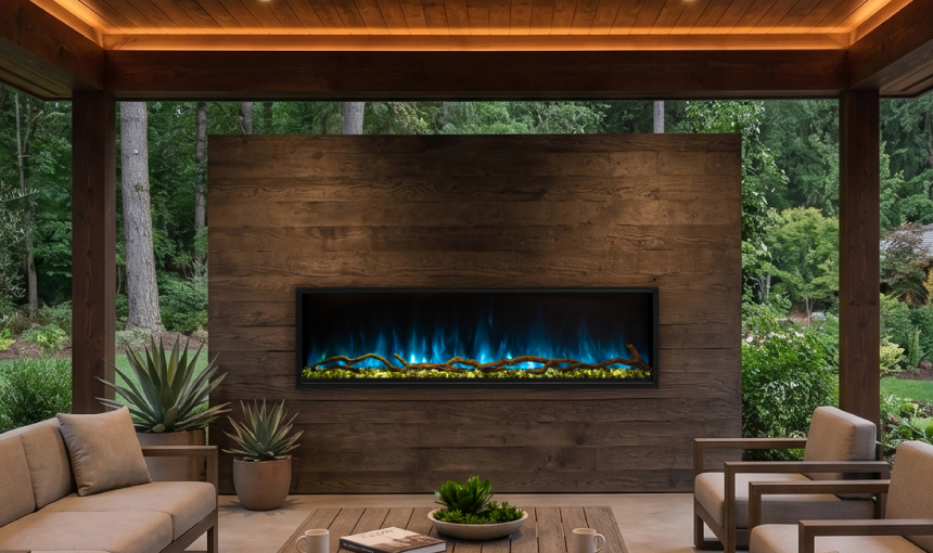 Modern Flames Landscape Pro electric fireplace installed in a covered outdoor living space with blue flame display