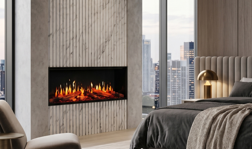 Modern Flames Orion electric fireplace installed in a modern bedroom with realistic flame display