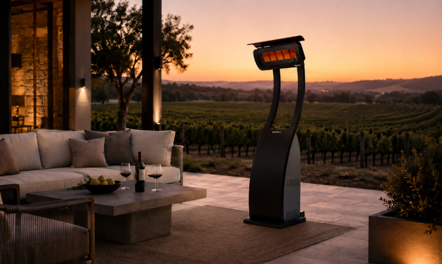 Bromic Tungsten freestanding patio heater on a modern outdoor terrace at sunset