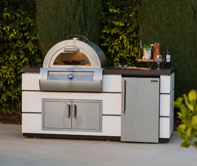 Fire Magic 77-inch Contemporary GFRC Pre-Fab Island in White Aspen Finish with Refrigerator Cut-Out