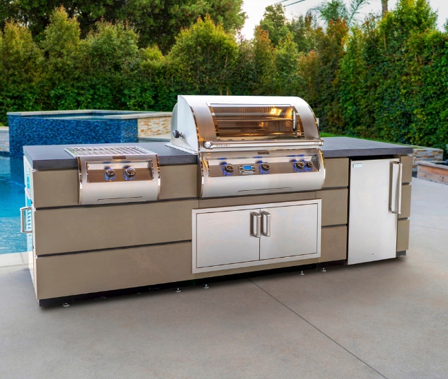Fire Magic 115-inch Contemporary GFRC Pre-Fab Island with Smoke Base and Refrigerator Cut-Out
