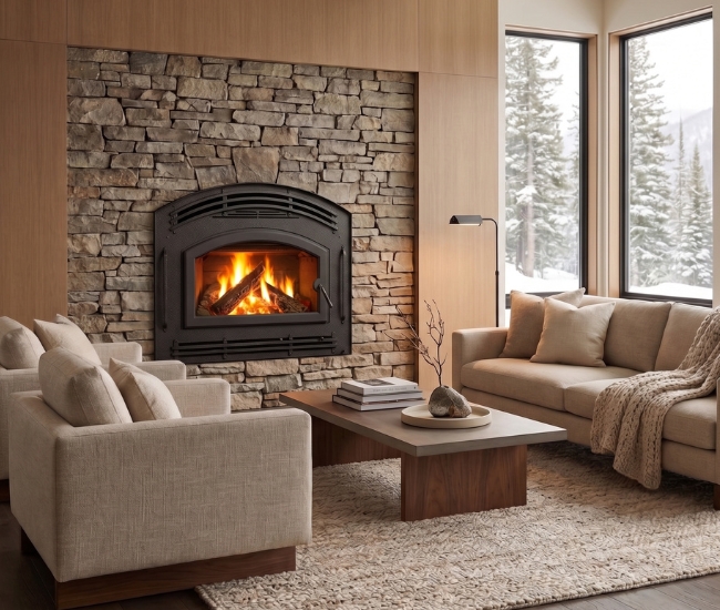 Majestic Pioneer II Wood Burning Fireplace with Classic Black Front and Single Arch Door