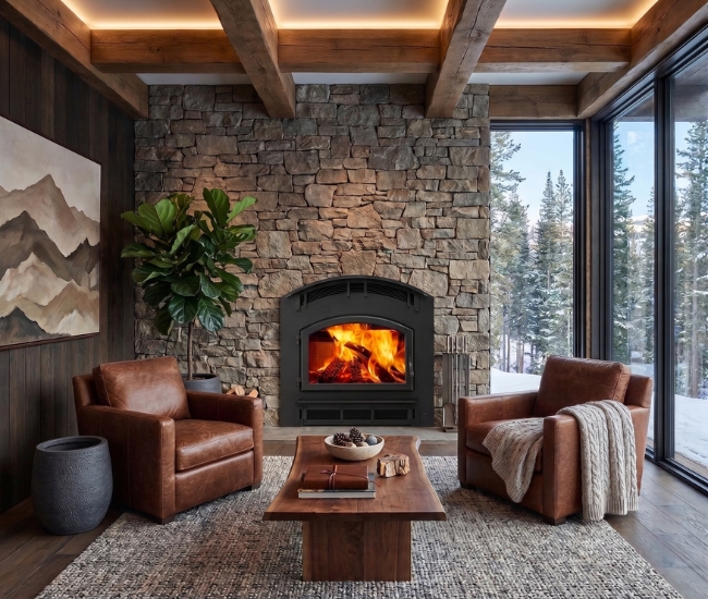 Majestic Pioneer III Wood Burning Fireplace with Classic Black Front with Arch Door