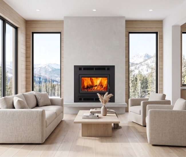 Majestic Pioneer III Wood Burning Fireplace with Classic Black Front with Rectangular Door