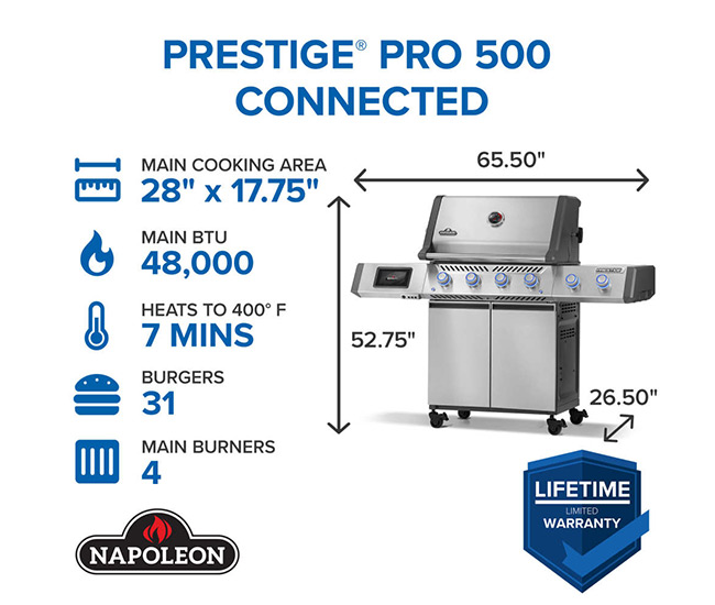 Napoleon Prestige Pro 500 Stainless Steel Gas Grill with Smart Technology | 4-Burner