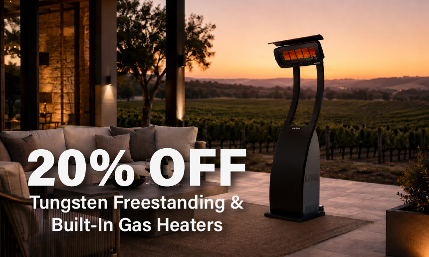 Bromic Tungsten freestanding patio heater on a modern outdoor terrace at sunset